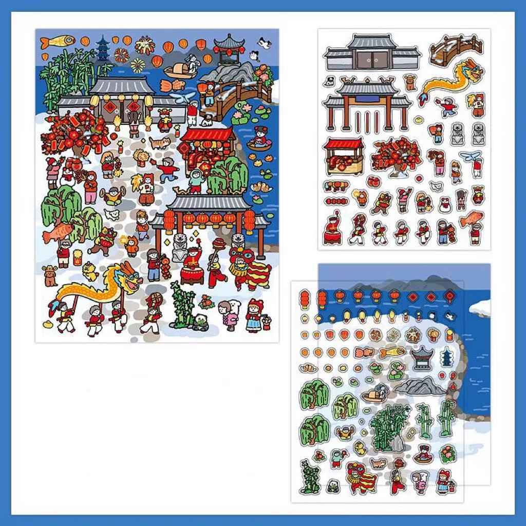 Chinese New Year Stickers Scene – 2 Themes: New Year's Eve Dinner | Temple Fair