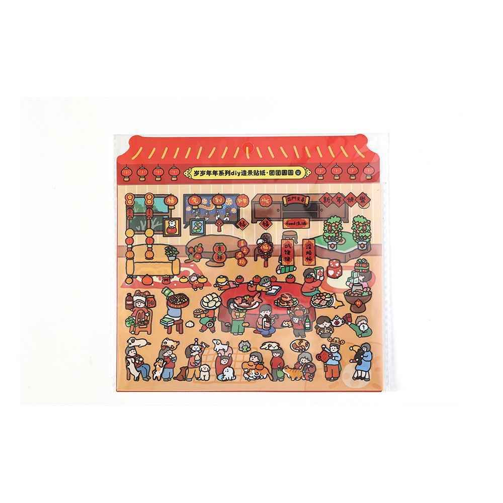 Chinese New Year Stickers Scene – 2 Themes: New Year's Eve Dinner | Temple Fair