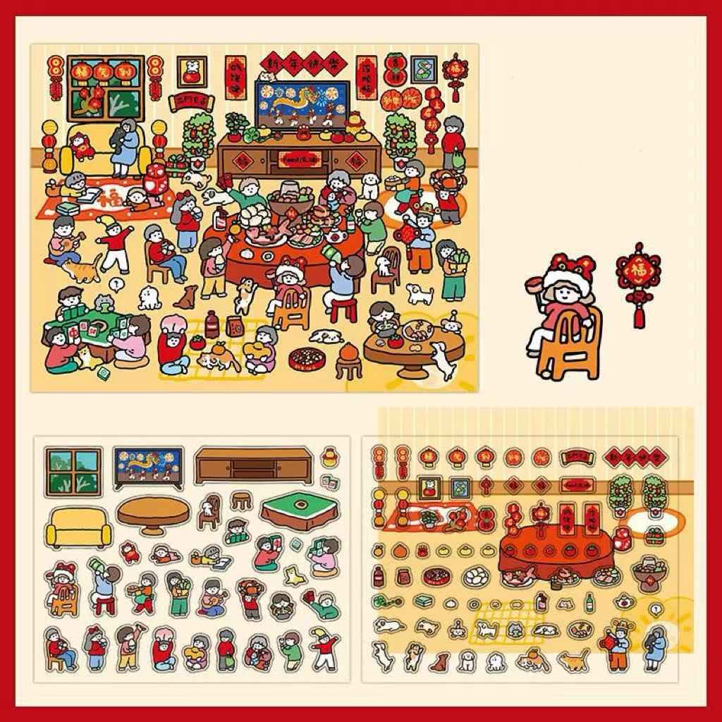 Chinese New Year Stickers Scene – 2 Themes: New Year's Eve Dinner | Temple Fair