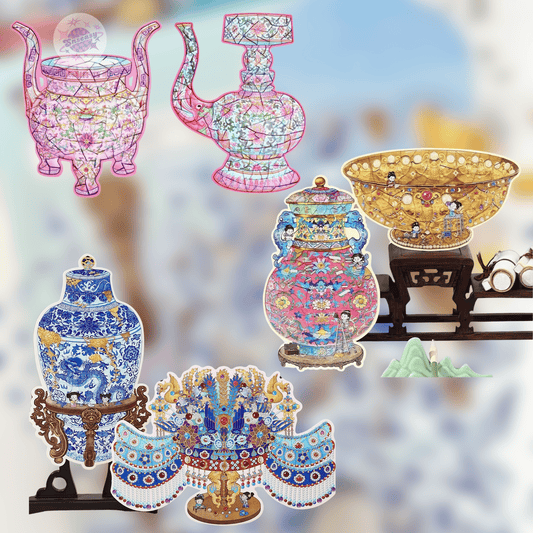 Plus Antique Restoration – 3D Miniature Scene Stickers – 6 Theme: Golden Bowl | Wishful Vase | Ancient Censer | Vintage Wine Pot | Blue-and-White Porcelain Vase | Phoenix Crown