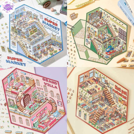 3-Story Grand Buildings 3.0 – Animal Business Simulation 3D Room Stickers Scene - 4 Theme Sets: Hamster Supermarket | Bunny Bookstore | Fox Hot Pot | Cat Villa