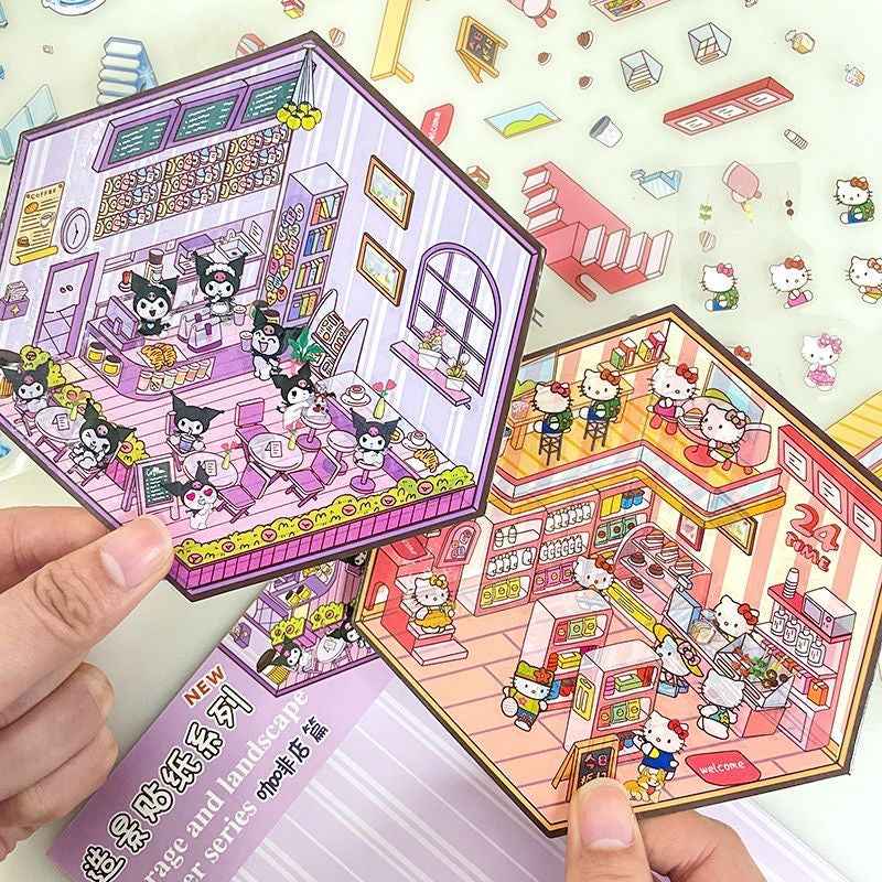 Cute Sanrio – 3D Isometric Room Stickers Scene 4 Themes: Hello Kitty Convenience Store | Kuromi Café | My Melody Pink Cottage | Frozen Princess Cottage