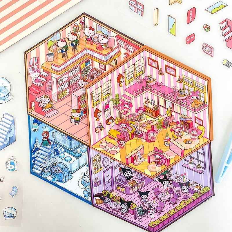 Cute Sanrio – 3D Isometric Room Stickers Scene 4 Themes: Hello Kitty Convenience Store | Kuromi Café | My Melody Pink Cottage | Frozen Princess Cottage