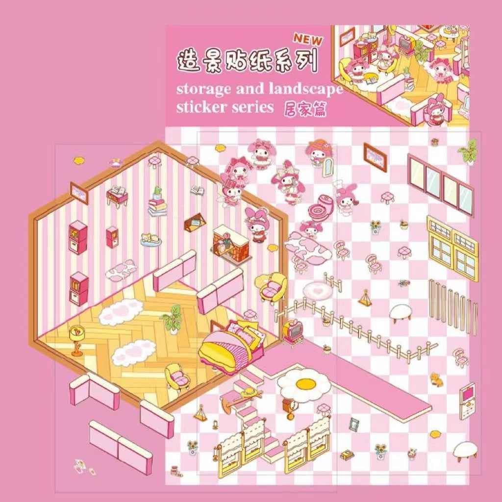 Cute Sanrio – 3D Isometric Room Stickers Scene 4 Themes: Hello Kitty Convenience Store | Kuromi Café | My Melody Pink Cottage | Frozen Princess Cottage