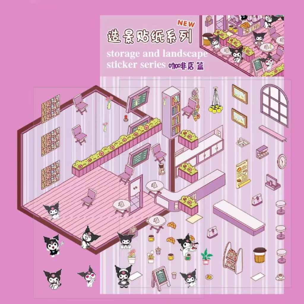 Cute Sanrio – 3D Isometric Room Stickers Scene 4 Themes: Hello Kitty Convenience Store | Kuromi Café | My Melody Pink Cottage | Frozen Princess Cottage