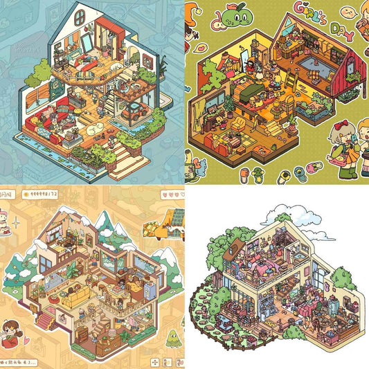 Girls' Dream Homes & Friendship – 3D Isometric Room Stickers Scene 4 Themes: Girls' Dream Villa | Cute Girls' Day | Girls' Country Cottage | Girls' Christmas Party