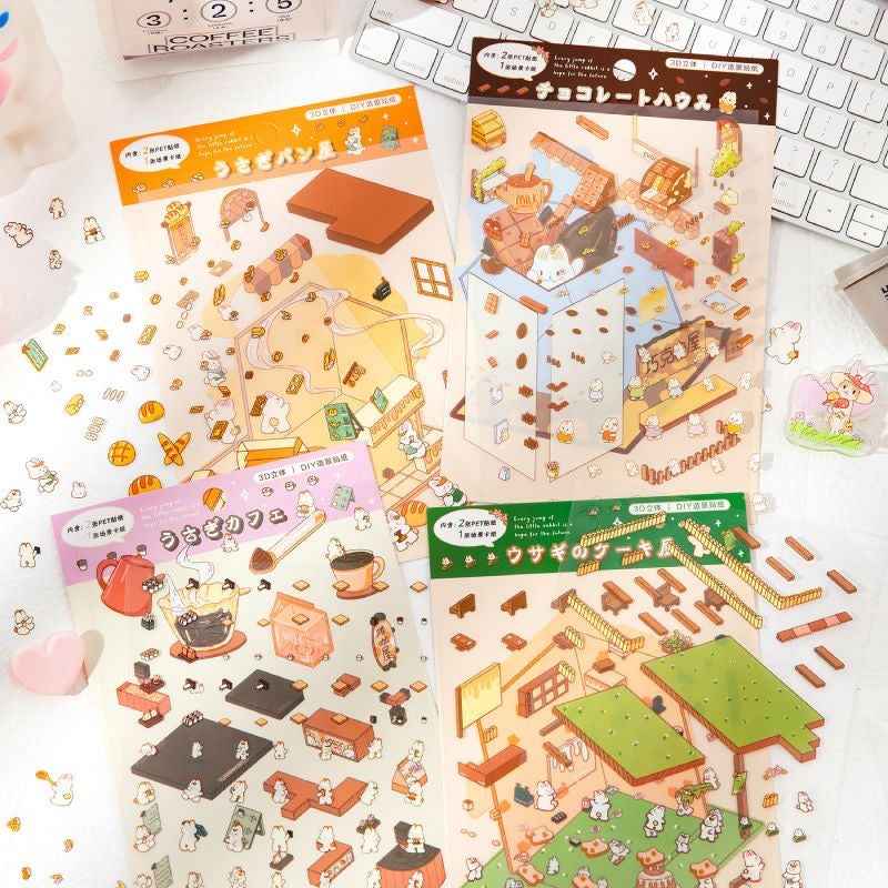 Cute Bunny 2.0 Shop Simulation – 3D Isometric Room Stickers Scene 4 Themes: Coffee Shop | Chocolate House | Cake Shop | Bread Shop