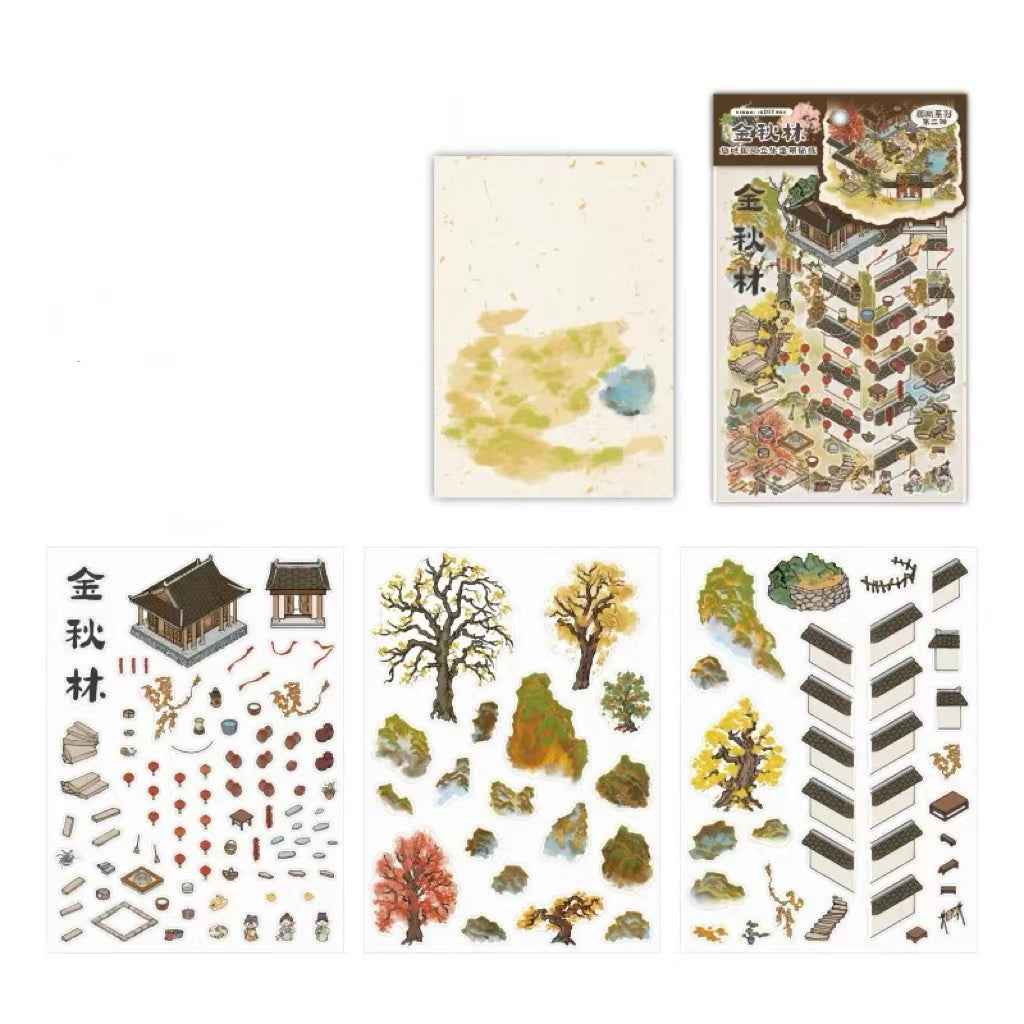 Traditional Chinese Ink Painting Style – 4 Seasons Cottage 3D Stickers Scene - 4 Theme Sets: Spring Peach Blossoms | Summer Mountain | Autumn Forest | Winter Snow