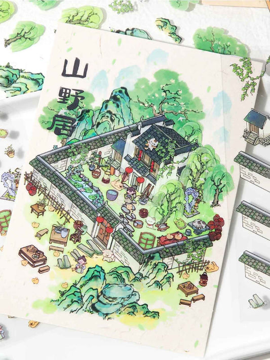 Traditional Chinese Ink Painting Style – 4 Seasons Cottage 3D Stickers Scene - 4 Theme Sets: Spring Peach Blossoms | Summer Mountain | Autumn Forest | Winter Snow