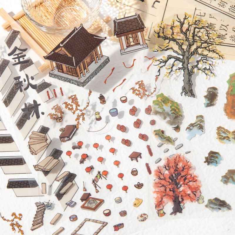 Traditional Chinese Ink Painting Style – 4 Seasons Cottage 3D Stickers Scene - 4 Theme Sets: Spring Peach Blossoms | Summer Mountain | Autumn Forest | Winter Snow