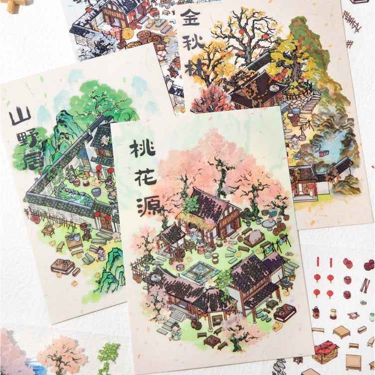 Traditional Chinese Ink Painting Style – 4 Seasons Cottage 3D Stickers Scene - 4 Theme Sets: Spring Peach Blossoms | Summer Mountain | Autumn Forest | Winter Snow