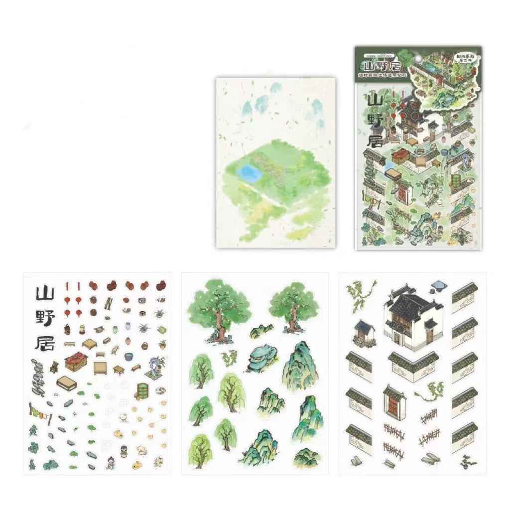 Traditional Chinese Ink Painting Style – 4 Seasons Cottage 3D Stickers Scene - 4 Theme Sets: Spring Peach Blossoms | Summer Mountain | Autumn Forest | Winter Snow