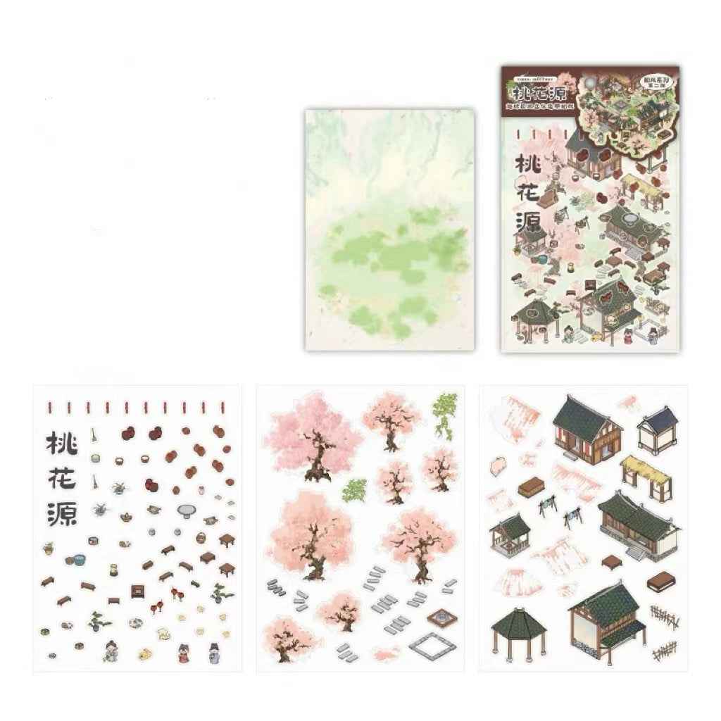 Traditional Chinese Ink Painting Style – 4 Seasons Cottage 3D Stickers Scene - 4 Theme Sets: Spring Peach Blossoms | Summer Mountain | Autumn Forest | Winter Snow