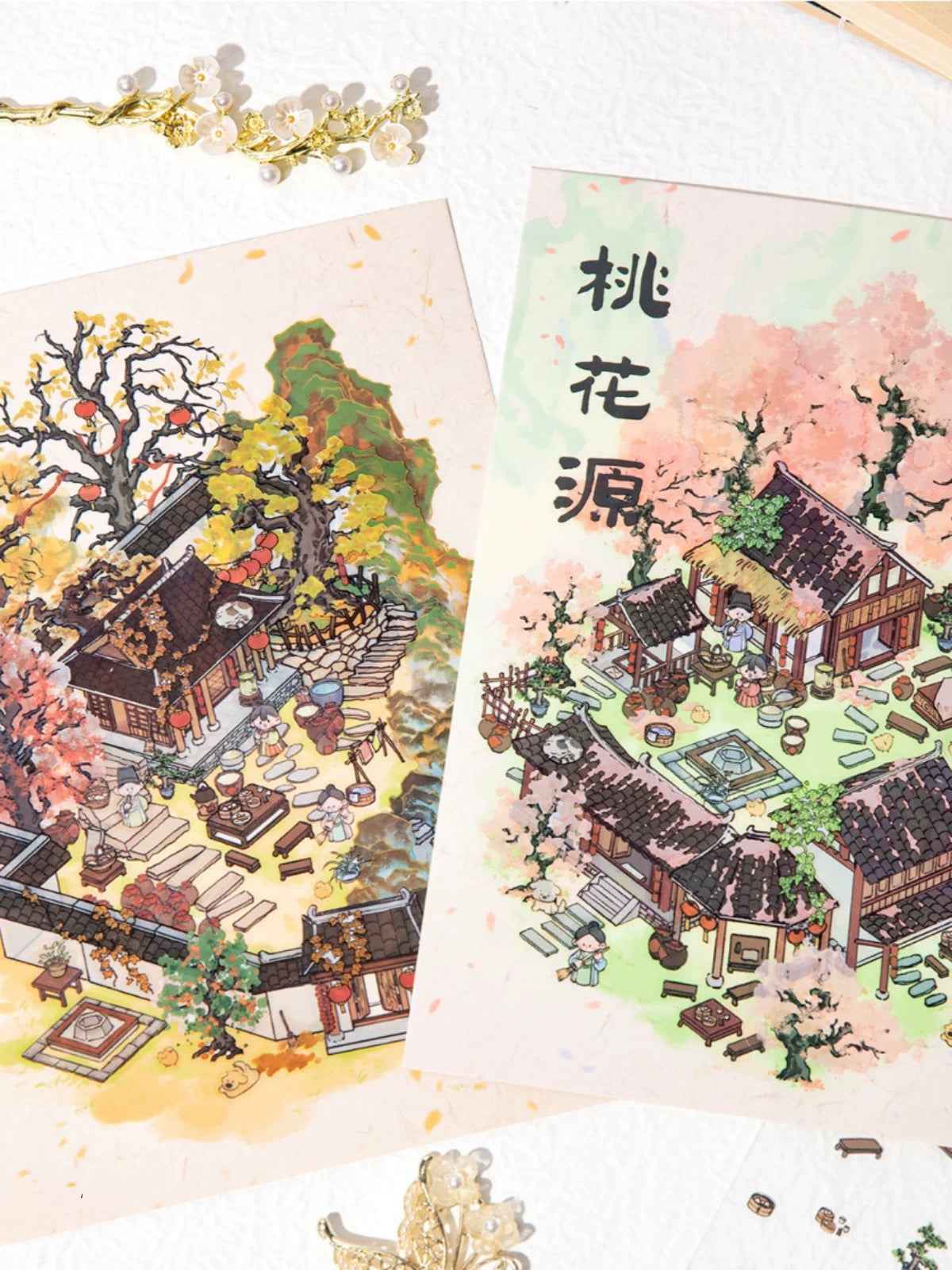 Traditional Chinese Ink Painting Style – 4 Seasons Cottage 3D Stickers Scene - 4 Theme Sets: Spring Peach Blossoms | Summer Mountain | Autumn Forest | Winter Snow