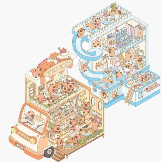 Capybara Holiday Leisure – 3D Sticker Scenes - 2 Theme Sets: Cake Bus | Hot Spring