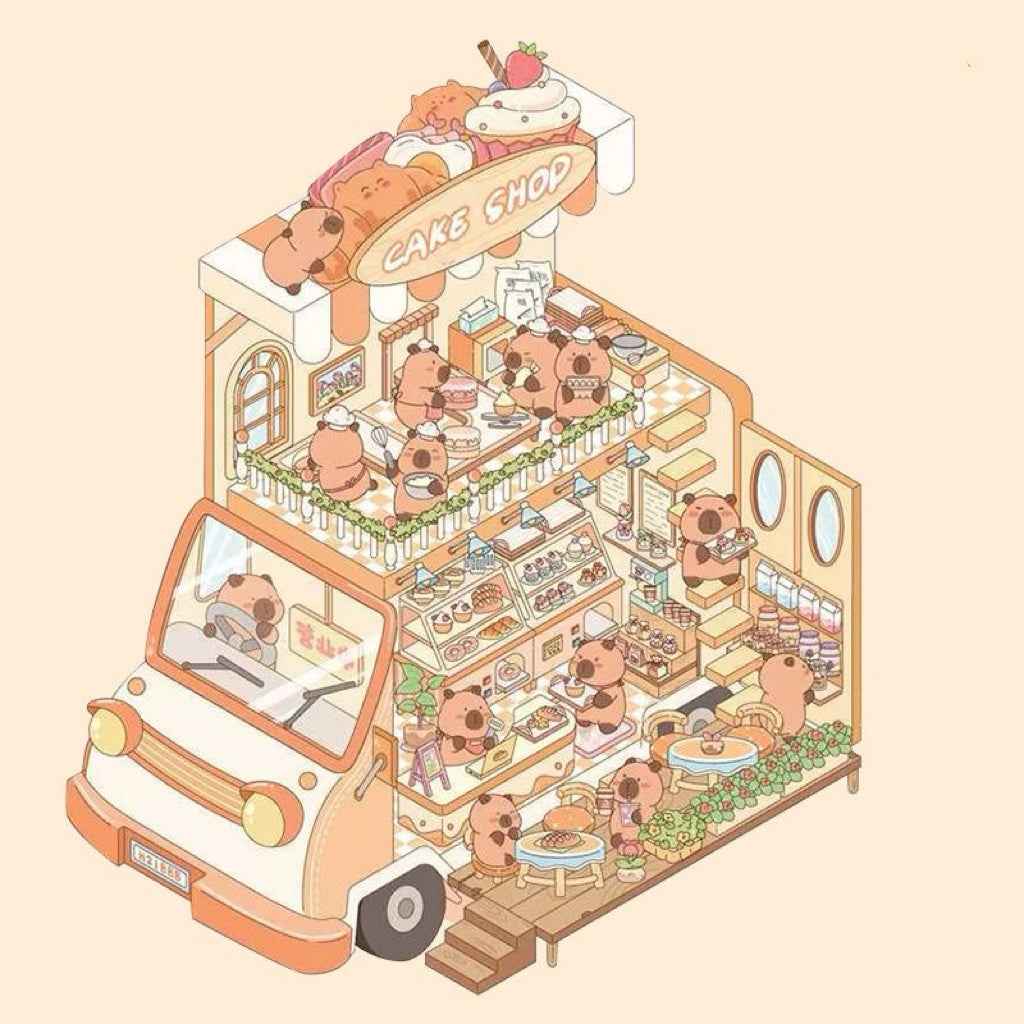 Capybara Holiday Leisure – 3D Sticker Scenes - 2 Theme Sets: Cake Bus | Hot Spring