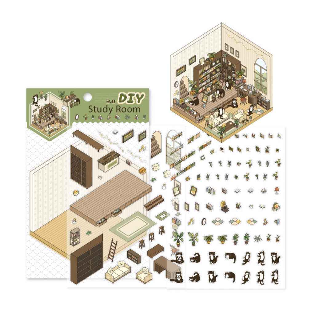 Cute Black Cat's Home – 3D Sticker Scenes - 4 Theme Sets: Bedroom | Kitchen | Study Room | Garden