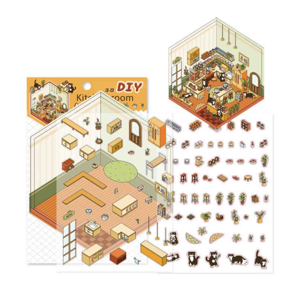Cute Black Cat's Home – 3D Sticker Scenes - 4 Theme Sets: Bedroom | Kitchen | Study Room | Garden