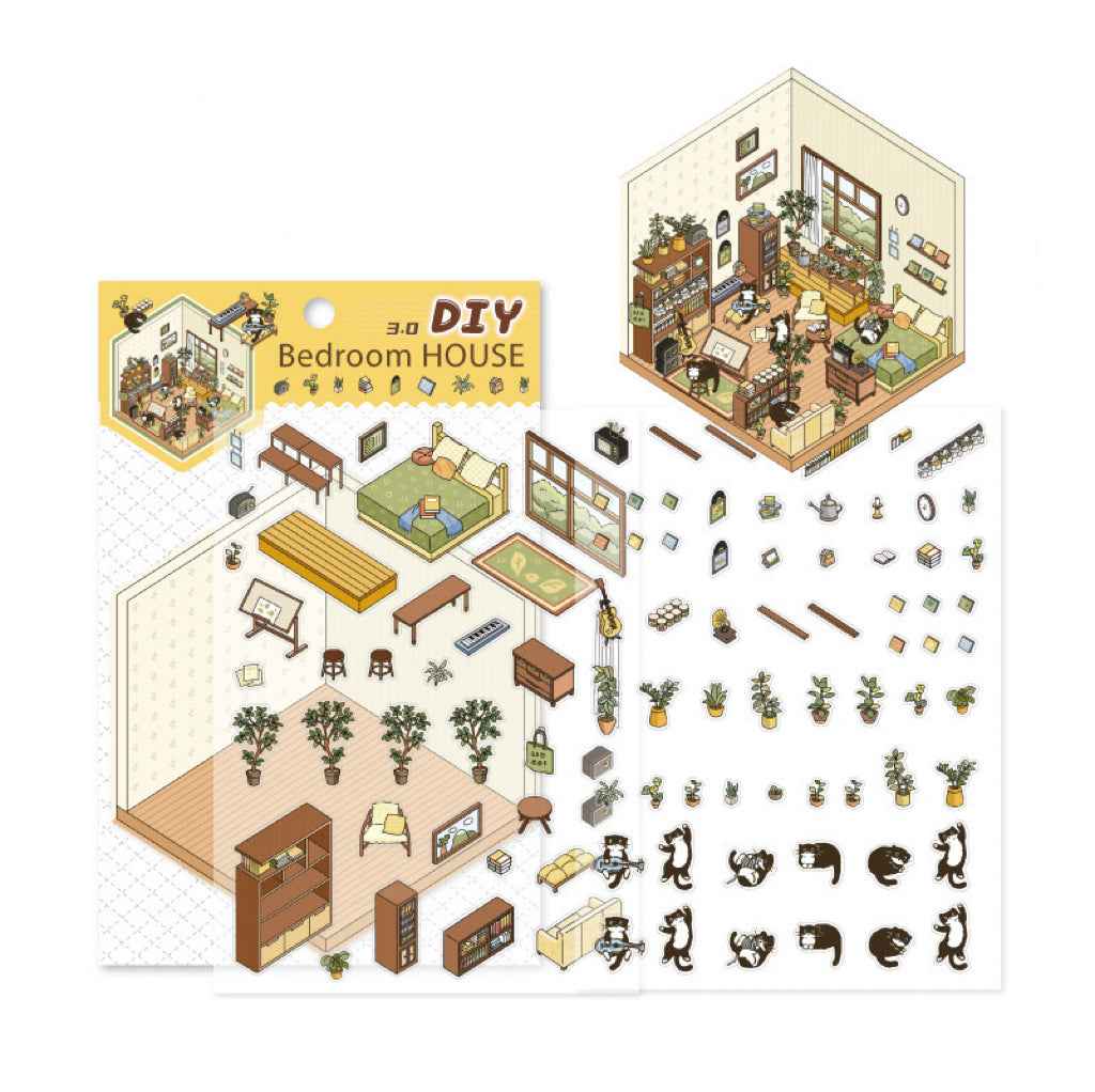 Cute Black Cat's Home – 3D Sticker Scenes - 4 Theme Sets: Bedroom | Kitchen | Study Room | Garden