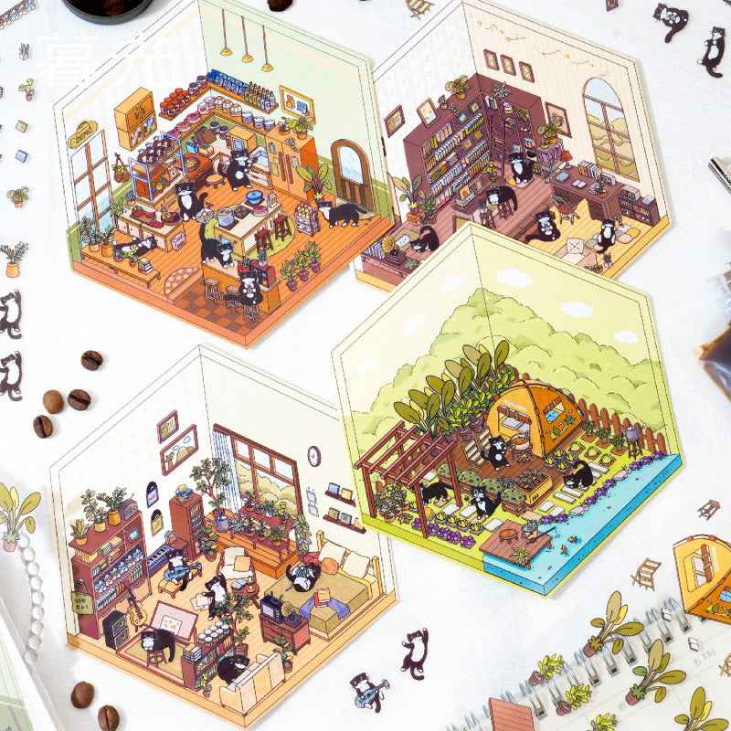 Cute Black Cat's Home – 3D Sticker Scenes - 4 Theme Sets: Bedroom | Kitchen | Study Room | Garden
