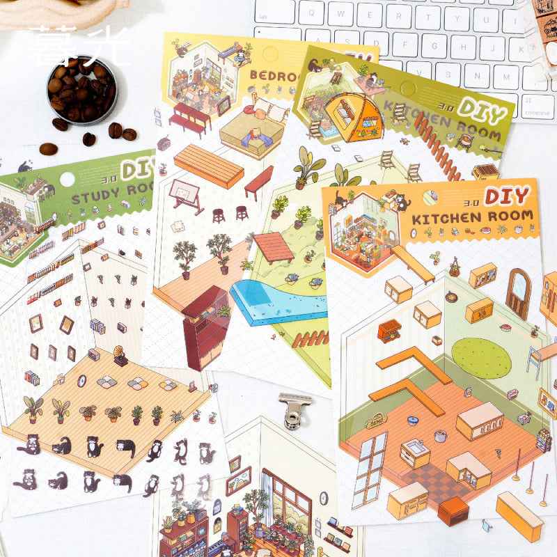 Cute Black Cat's Home – 3D Sticker Scenes - 4 Theme Sets: Bedroom | Kitchen | Study Room | Garden
