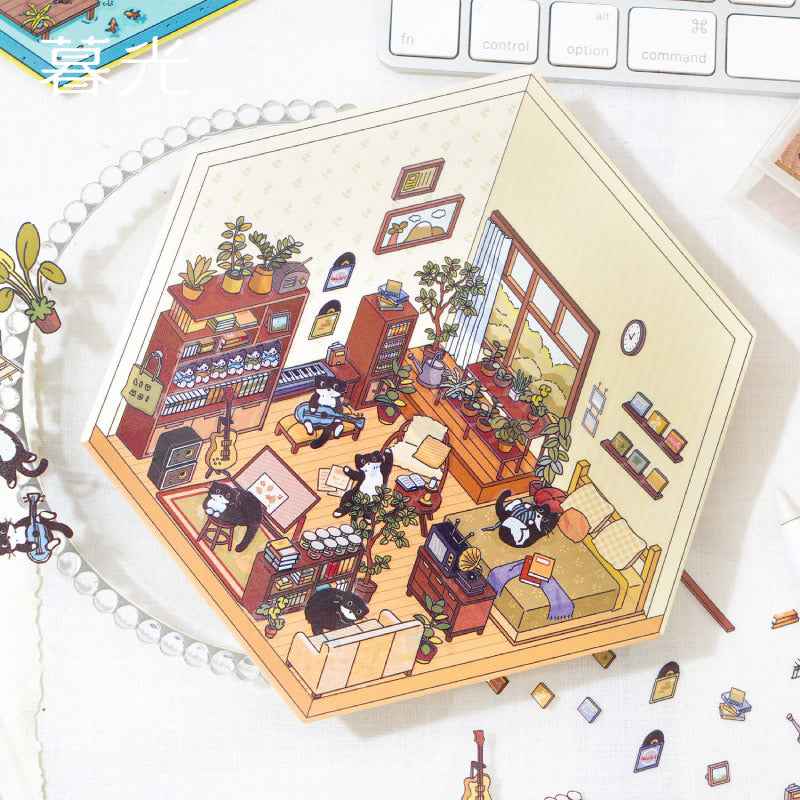 Cute Black Cat's Home – 3D Sticker Scenes - 4 Theme Sets: Bedroom | Kitchen | Study Room | Garden