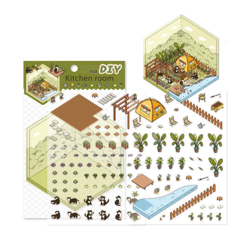 Cute Black Cat's Home – 3D Sticker Scenes - 4 Theme Sets: Bedroom | Kitchen | Study Room | Garden