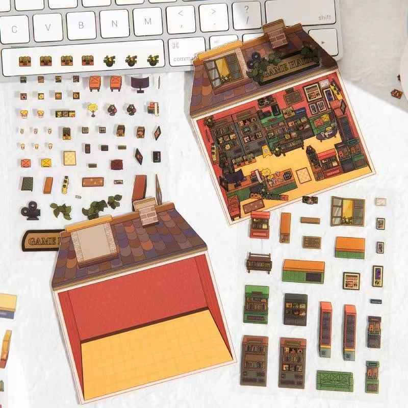 Retro Arcade – 3D Sticker Scenes - 2 Theme Sets: Game Hall | Bookstore