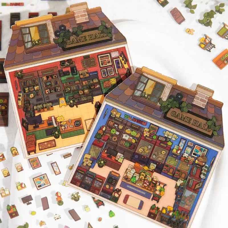 Retro Arcade – 3D Sticker Scenes - 2 Theme Sets: Game Hall | Bookstore