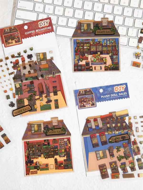 Retro Arcade – 3D Sticker Scenes - 2 Theme Sets: Game Hall | Bookstore