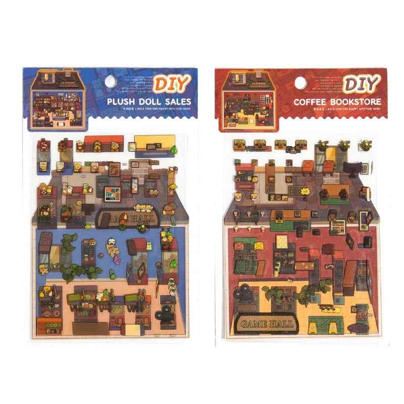 Retro Arcade – 3D Sticker Scenes - 2 Theme Sets: Game Hall | Bookstore