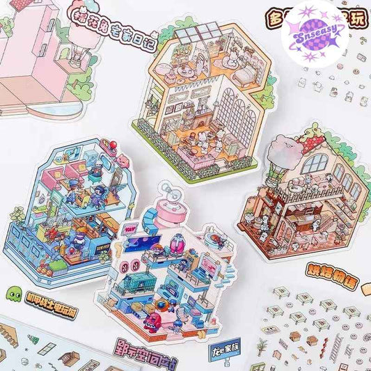 Dream Game Life Simulation – 3D Sticker Scenes - 8 Theme Sets: 3-Story Amusement Park | Baking Story | Bunny Home | Space Station | Panda Dumpling Shop | Mecha Warrior Arcade | Goose Dessert Shop | Hamster Villa