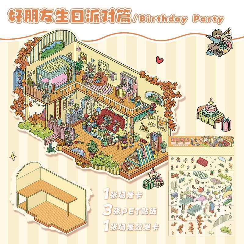 The Best Friends Party – 3D Sticker Scenes - 4 Theme Sets: Sisters Party | Study Party | Birthday Party | Villa Party