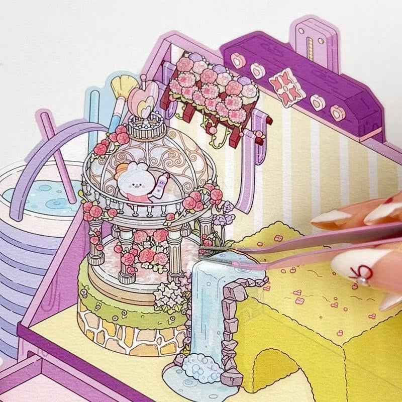 Cute Animal Gifts – 3D Sticker Scenes - 4 Theme Sets: Panda Flower Gift Box | Penguin Ice Cream Kitchen | Crystal Ball Amusement Park | Monet Painting Box