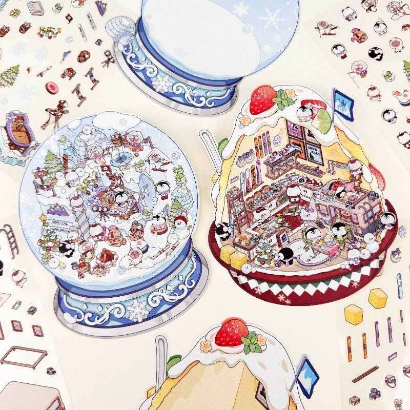 Cute Animal Gifts – 3D Sticker Scenes - 4 Theme Sets: Panda Flower Gift Box | Penguin Ice Cream Kitchen | Crystal Ball Amusement Park | Monet Painting Box