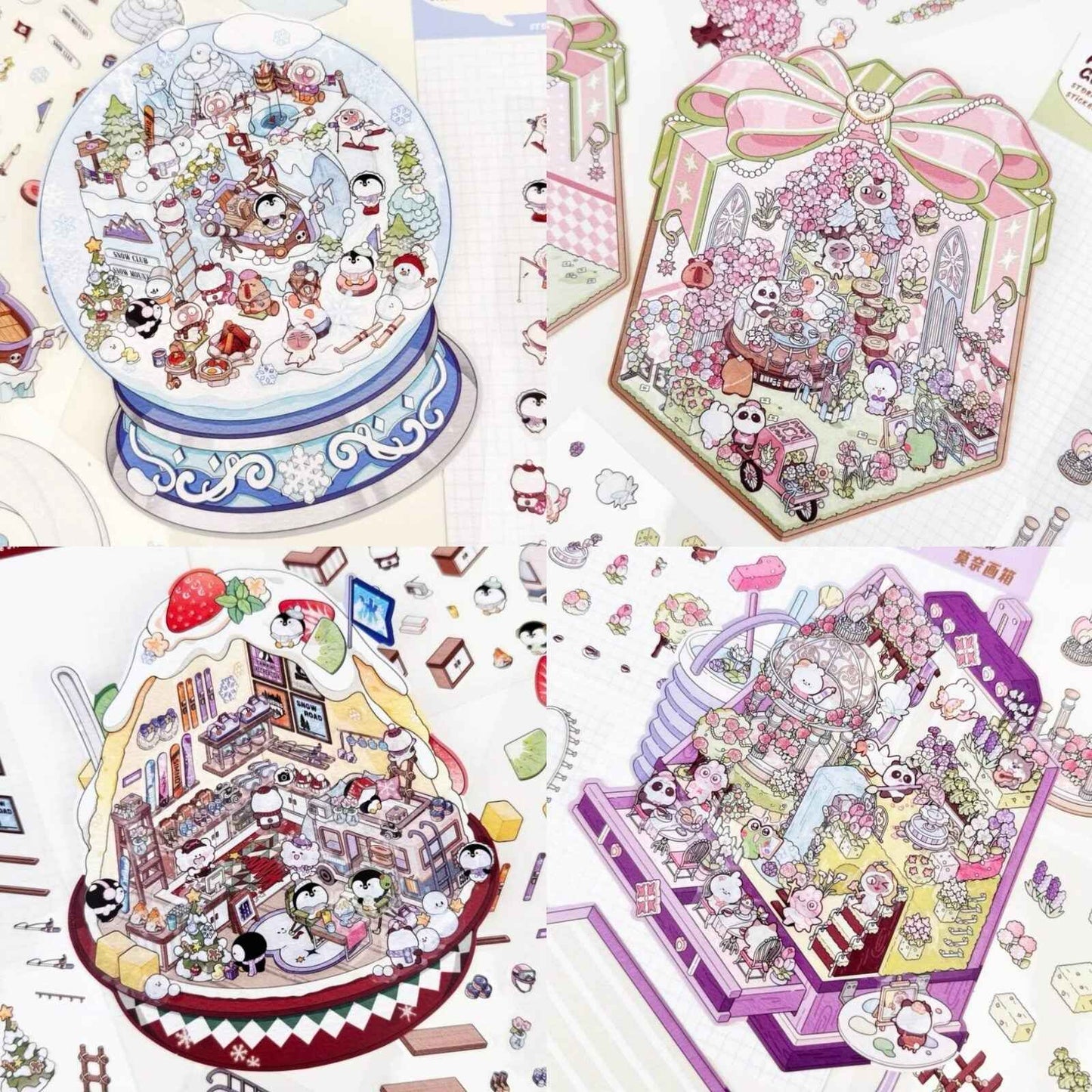 Cute Animal Gifts – 3D Sticker Scenes - 4 Theme Sets: Panda Flower Gift Box | Penguin Ice Cream Kitchen | Crystal Ball Amusement Park | Monet Painting Box