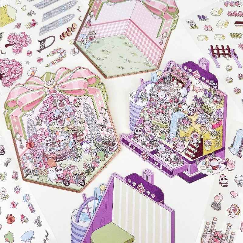Cute Animal Gifts – 3D Sticker Scenes - 4 Theme Sets: Panda Flower Gift Box | Penguin Ice Cream Kitchen | Crystal Ball Amusement Park | Monet Painting Box