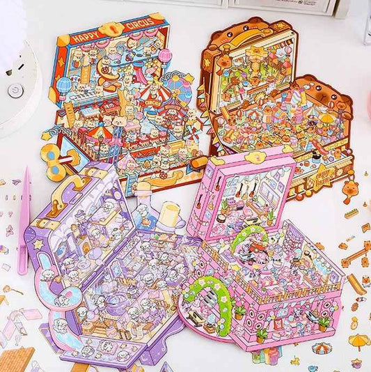 Magical Realm 3.0 Plus A4 Size – Cute Animal’s Boxed World 3D Sticker Scenes - 4 Theme Sets: My Little Pony Music Party | Bear Happy Circus | Capybara Amusement Park | Dog Magic House