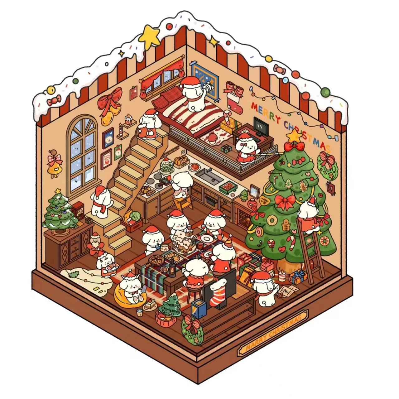 Cute Puppy 3D Isometric Room Stickers – 8 Theme Sets: Christmas Party | Clothing Store | Flower Shop | BBQ Restaurant | Wedding | Happy New Year | Dress Shop | Temple Fair