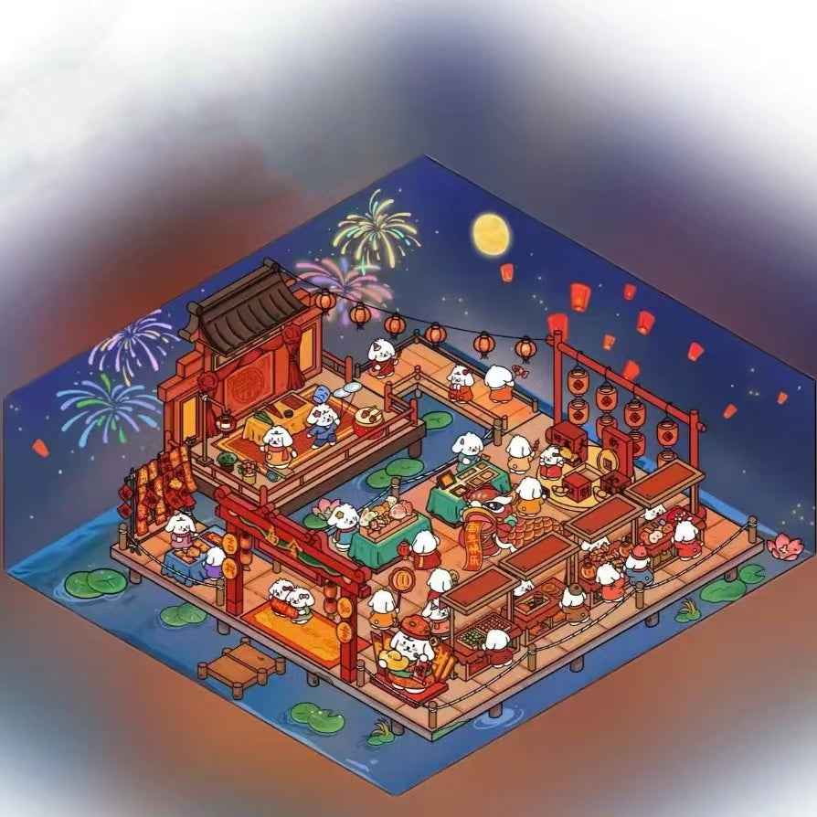 Cute Puppy 3D Isometric Room Stickers – 8 Theme Sets: Christmas Party | Clothing Store | Flower Shop | BBQ Restaurant | Wedding | Happy New Year | Dress Shop | Temple Fair