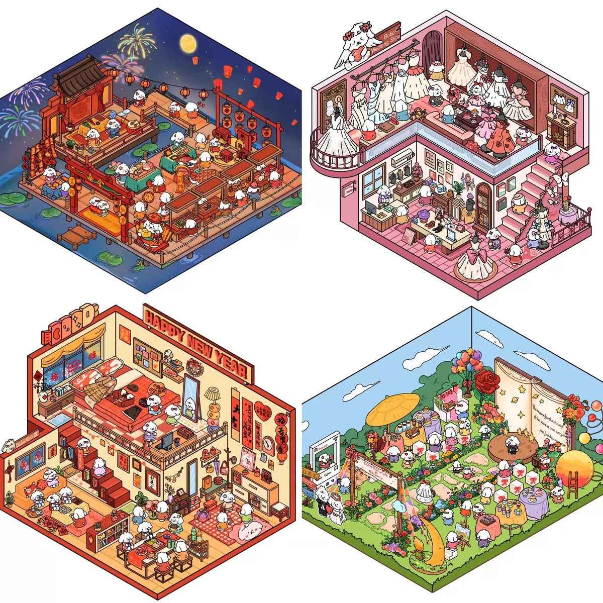 Cute Puppy 3D Isometric Room Stickers – 8 Theme Sets: Christmas Party | Clothing Store | Flower Shop | BBQ Restaurant | Wedding | Happy New Year | Dress Shop | Temple Fair