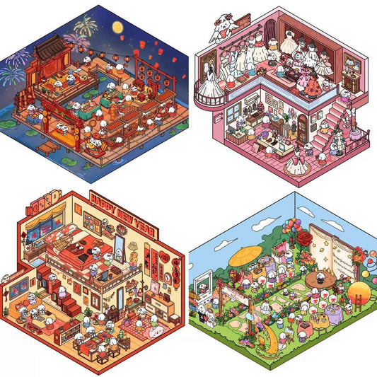 Cute Puppy 3D Isometric Room Stickers – 8 Theme Sets: Christmas Party | Clothing Store | Flower Shop | BBQ Restaurant | Wedding | Happy New Year | Dress Shop | Temple Fair