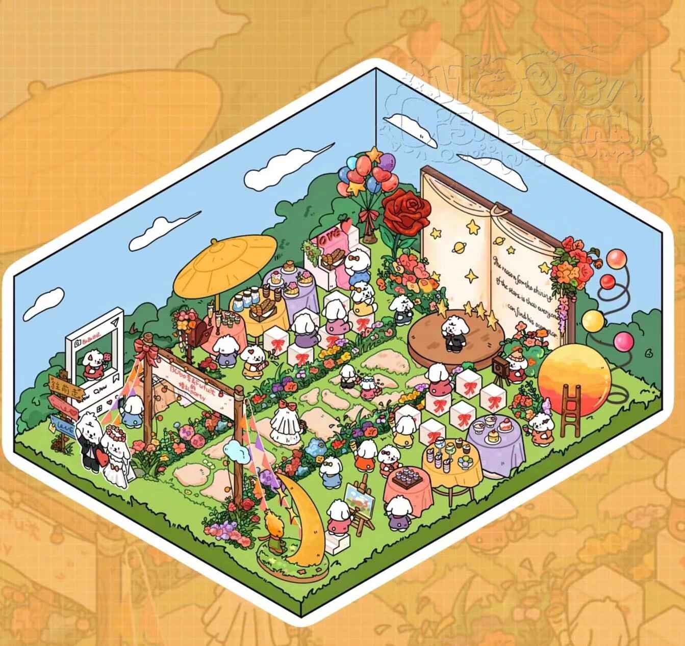 Cute Puppy 3D Isometric Room Stickers – 8 Theme Sets: Christmas Party | Clothing Store | Flower Shop | BBQ Restaurant | Wedding | Happy New Year | Dress Shop | Temple Fair