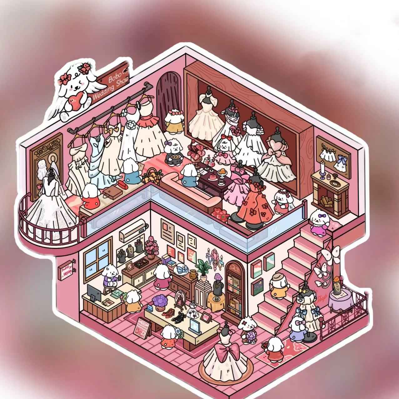 Cute Puppy 3D Isometric Room Stickers – 8 Theme Sets: Christmas Party | Clothing Store | Flower Shop | BBQ Restaurant | Wedding | Happy New Year | Dress Shop | Temple Fair
