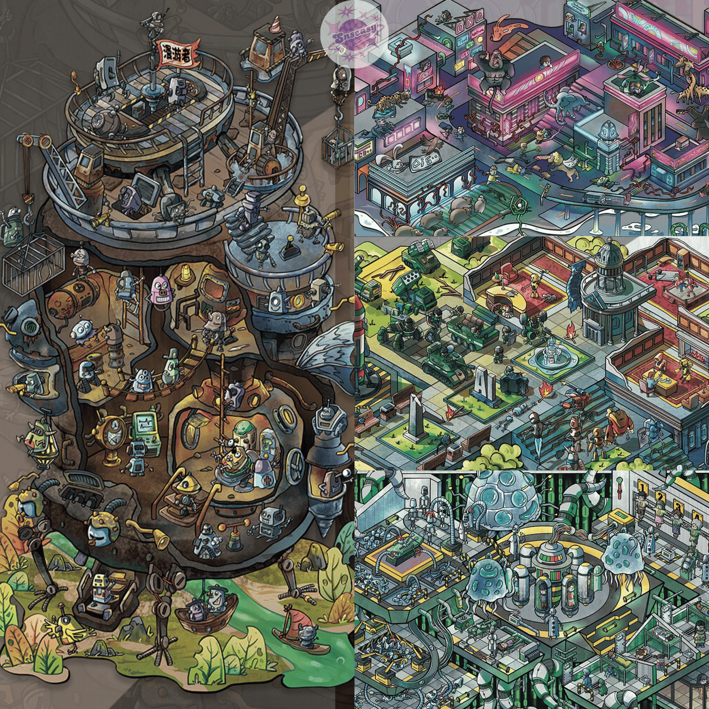 Chaotic Future – 3D Miniature Scene Stickers (Plus Size) – 4 Theme Sets: Mobile Mech City | Mutant Evolution | Robot Uprising | AI-Human Lab