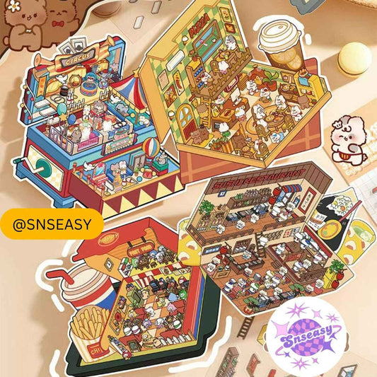 Magical Realm 4.0 – 3D Sticker Scenes - 8 Theme Sets: Circus Music Box | Rotating Sushi Bar | Burger Shop | Pizza Parlor | Fortune-Telling Bookshop | Sweet Home | Forest Cottage | Travel Diary