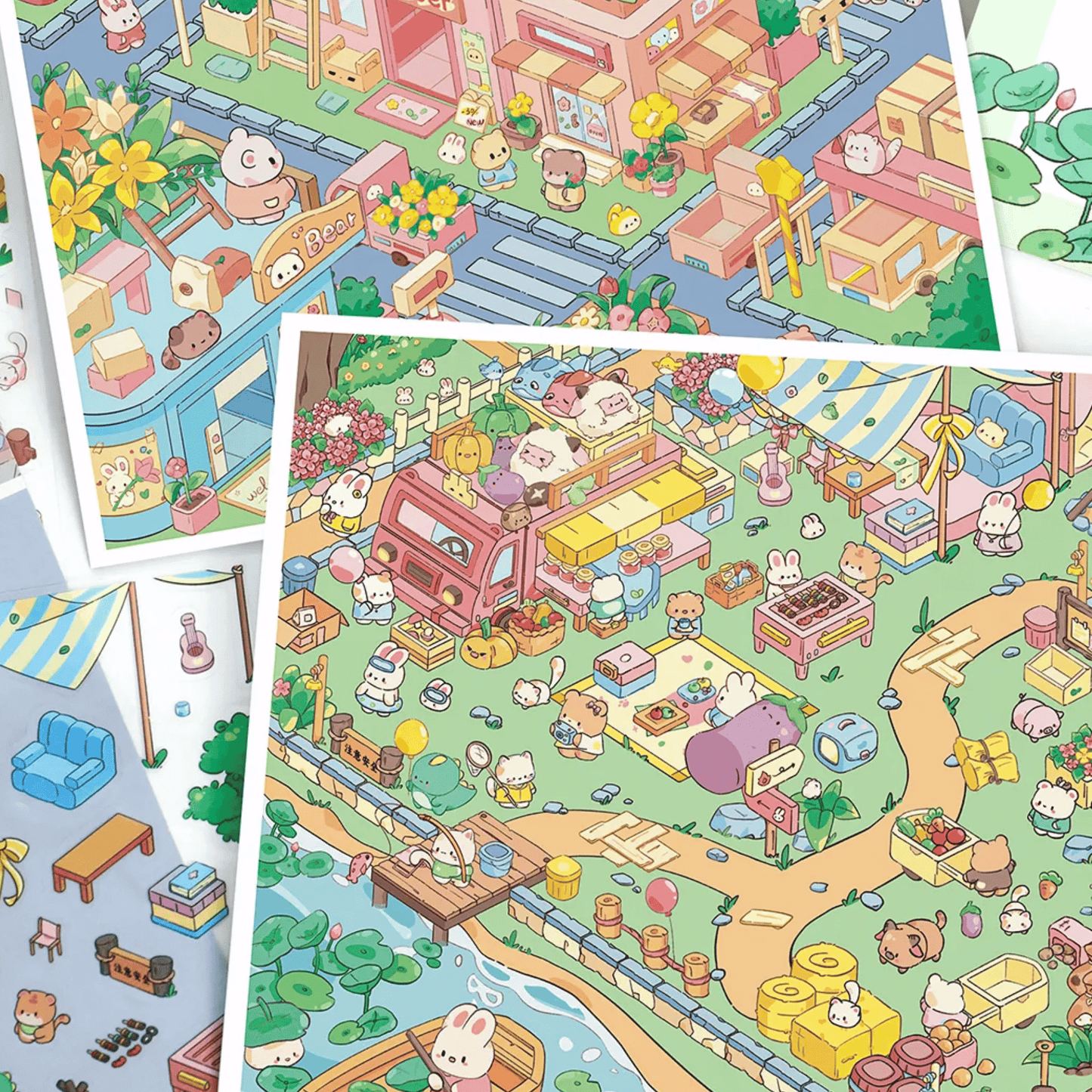 Cute Animal Town – 3D Miniature Scene Stickers (Plus Size) – 2 Theme Sets: Flower Town | Farm Party