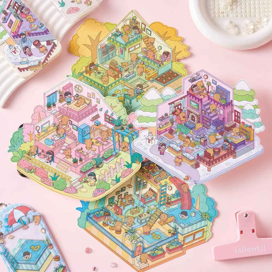 Little Bear's Four Seasons Cottage – 3D DIY MiniatureSticker Scenes - 4 Theme Sets: Spring | Summer | Autumn | Winter