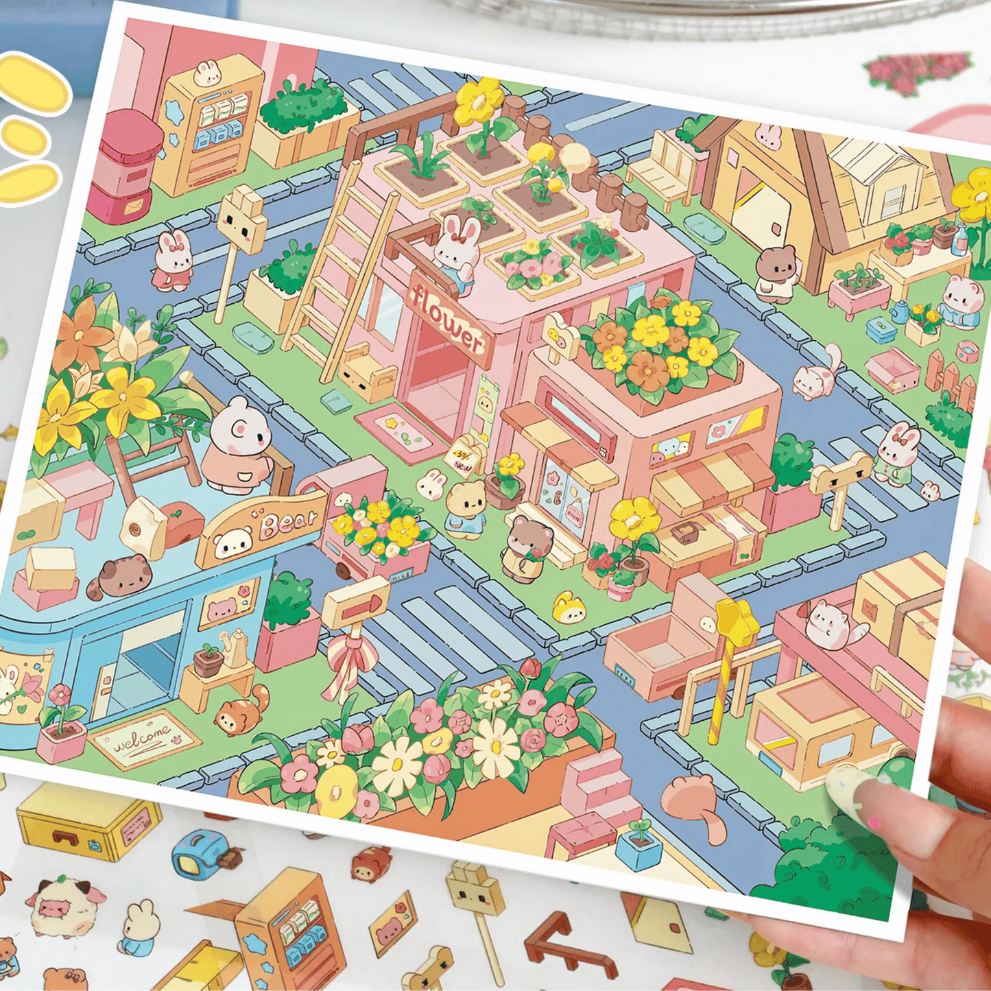 Cute Animal Town – 3D Miniature Scene Stickers (Plus Size) – 2 Theme Sets: Flower Town | Farm Party