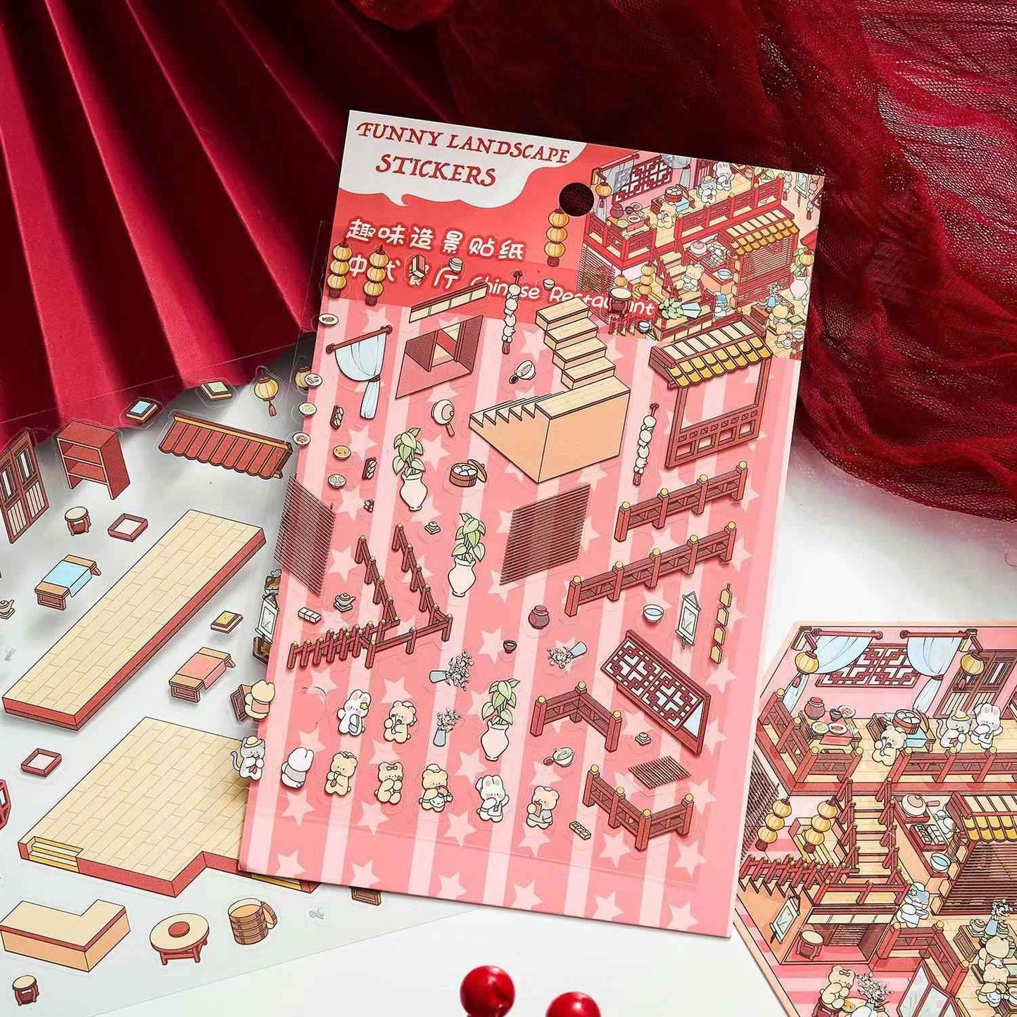 Cute Bunny Shop – 3D Sticker Scenes - 4 Theme Sets: Library | Coffee Shop | Supermarket | Restaurant